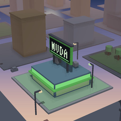 Night render of a glass kiosk in Silicon Row, 2 floors
