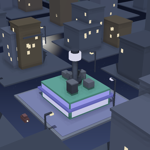 Night render of a copper kiosk in Launch District, 2 floors
