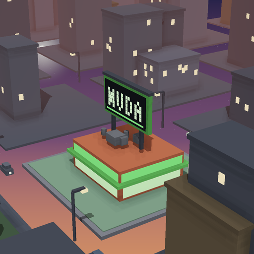 Night render of a brick kiosk in Silicon Row, 2 floors
