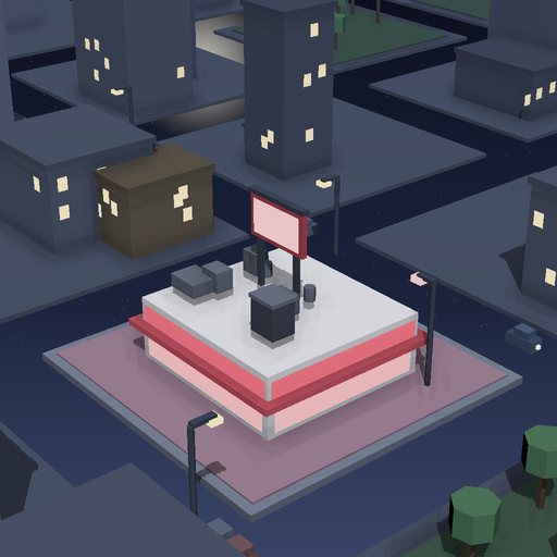 Night render of a marble kiosk in Motor Mile, 2 floors