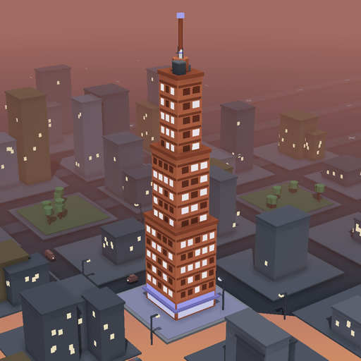 Night render of a brick deco tower in Launch District, 16 floors